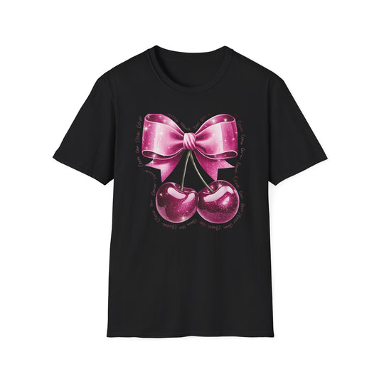 Sparkling Pink Cherry Love T-Shirt - Adorable Bow & Sweet Cherries Romantic Gift Tee for Her