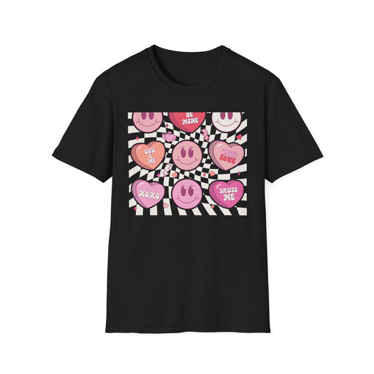 Groovy Retro Valentine's T-Shirt | Adorable Conversation Heart & Smiley Face Design | Trendy Love Core Aesthetic Tee