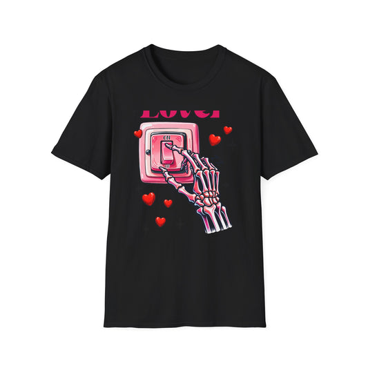 Unique Lover T-Shirt | Edgy Skeleton Hand & Love Switch Graphic Tee | Romantic Valentine's Day Statement Gift