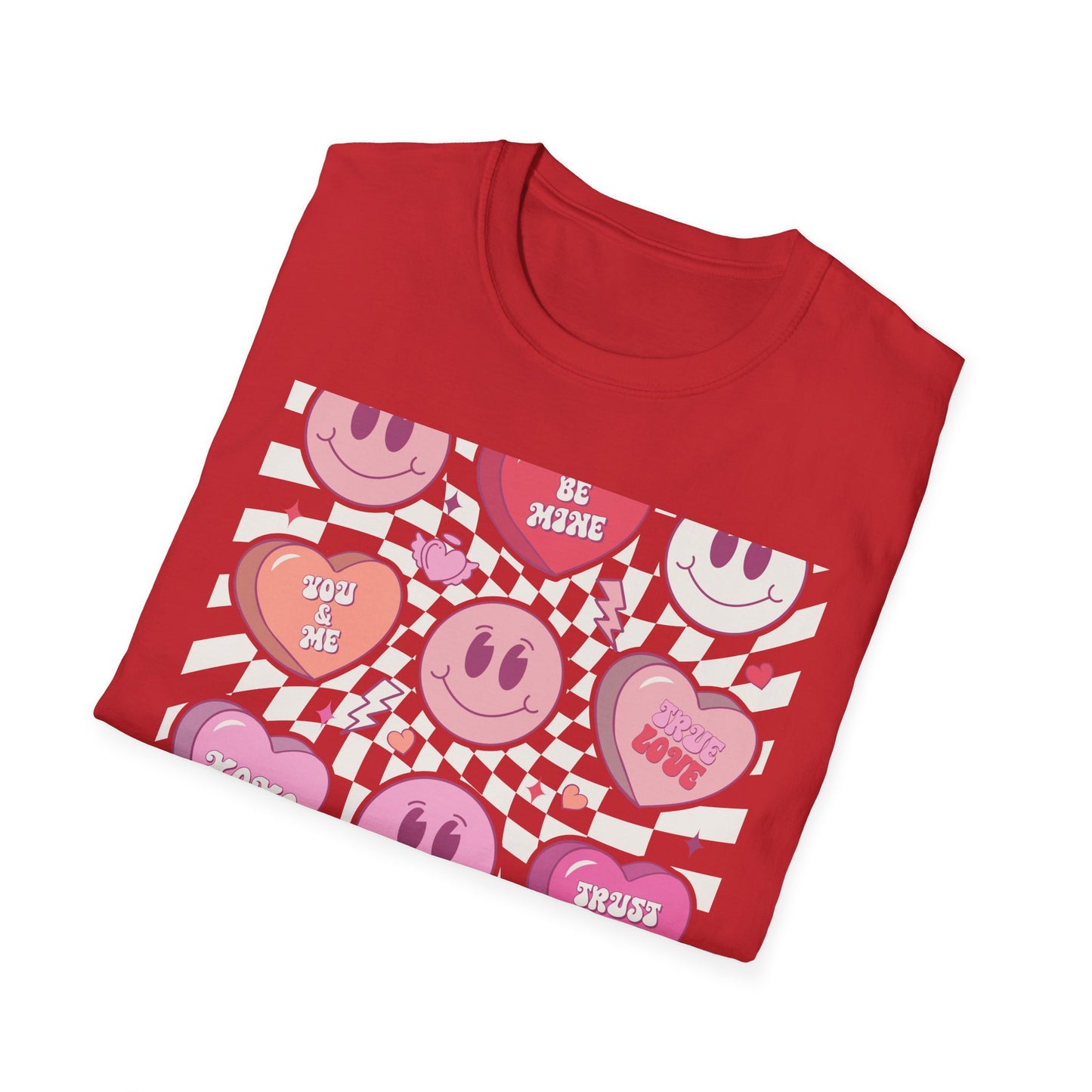 Groovy Retro Valentine's T-Shirt | Adorable Conversation Heart & Smiley Face Design | Trendy Love Core Aesthetic Tee