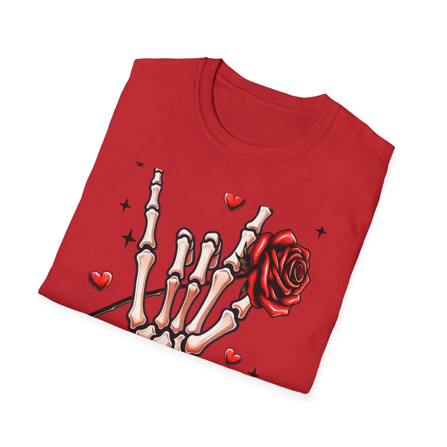 Unleash Your Dark Romance: 'Loved to Dead' Skeleton Rock Hand Rose T-Shirt | Edgy Gothic Valentine's Gift