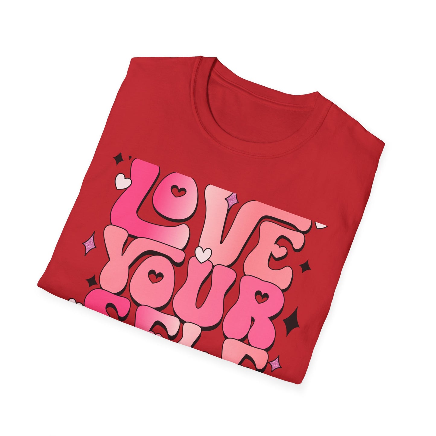Groovy "Love Yourself" T-Shirt | Pink Retro Self-Love Tee with Hearts & Sparkles | Empowering & Chic Women's Affirmation Top