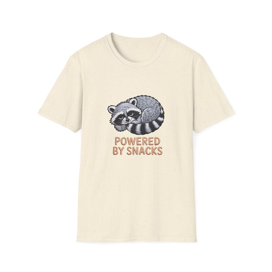 Powered By Snacks Adorable Raccoon T-Shirt | Funny Foodie Animal Lover Tee | Hilarious Snack Enthusiast Gift