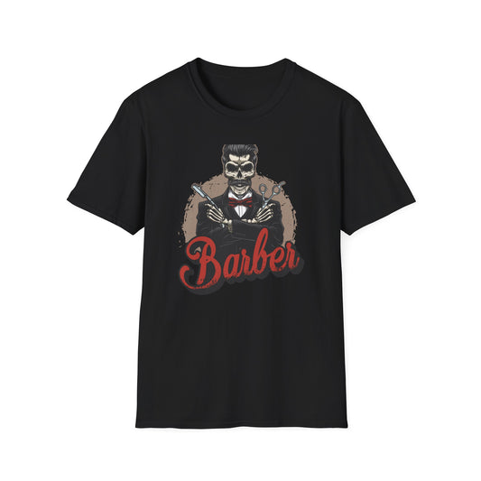 Dapper Skull Barber T-Shirt: Vintage Barbershop Masterpiece with Straight Razor & Scissors - Ultimate Stylist Gift