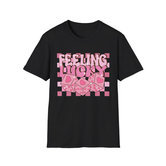 Feeling Lucky Groovy T-Shirt | Pink Heart Dice Retro Aesthetic Tee | Trendy Y2K Cute Sparkling Top for Women & Teens