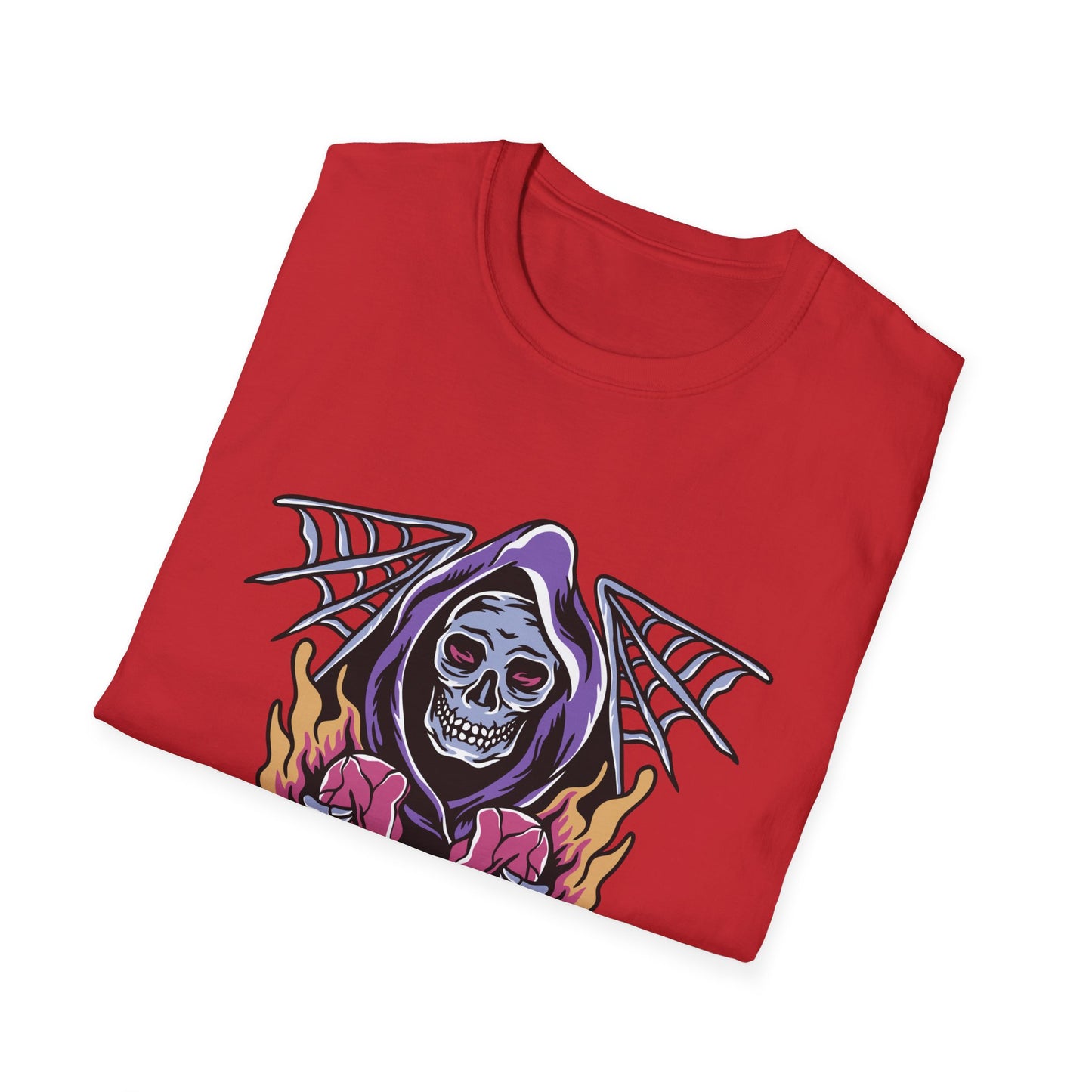 Striking Grim Reaper Broken Heart T-Shirt | Edgy Skull & Flames Tee | Gothic Macabre Streetwear | Bold & Unique Style