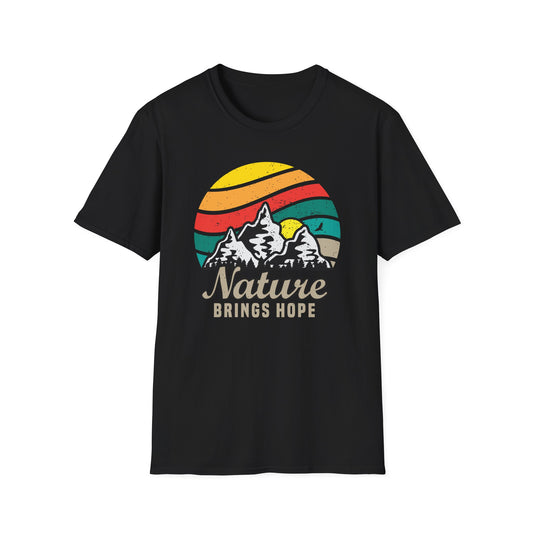 Inspiring Vintage Nature Mountains T-Shirt | Retro Outdoors Adventure Tee with 'Nature Brings Hope' Design | Essential Hiking & Camping Shirt
