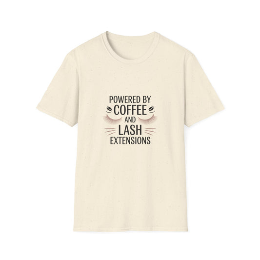 Chic 'Powered by Coffee & Lash Extensions' T-Shirt | Fabulous Lash Tech & Beauty Lover Tee with Cat Eye Design