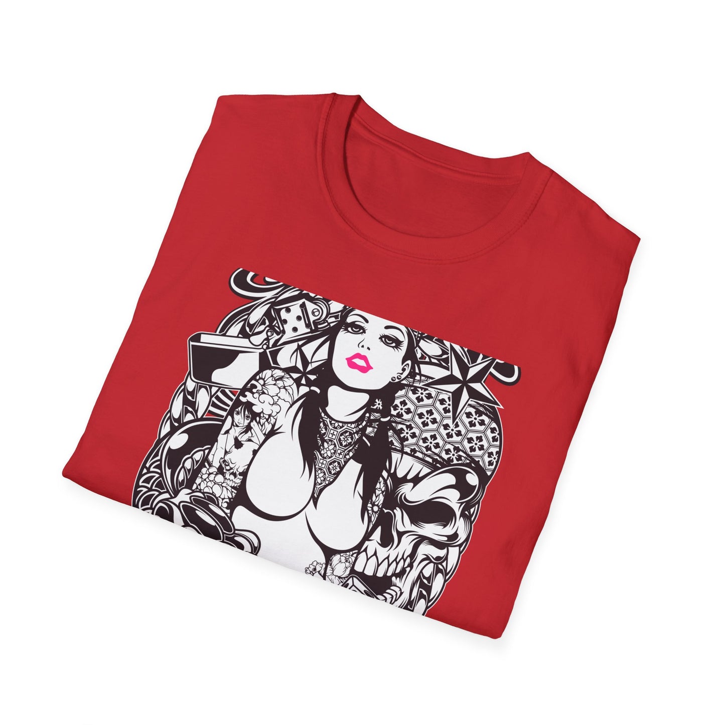Bold Tattoo Girl & Skull Graphic T-Shirt | Edgy Urban Streetwear | Dice & Star Statement Tee - Unleash Your Rebel Style!