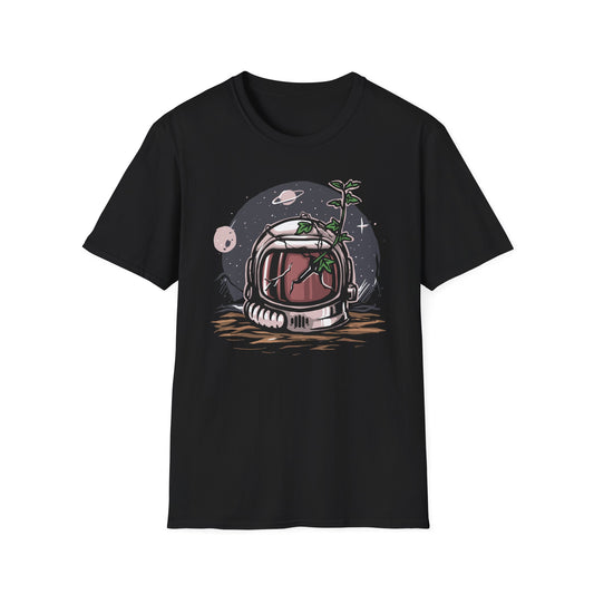 Stunning Cosmic Bloom Astronaut Helmet T-Shirt | Unique Space Plant Growth & Nature Inspired Sci-Fi Art Tee