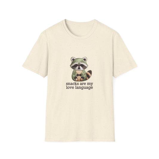 Adorable Embroidered Raccoon T-Shirt - "Snacks Are My Love Language" Foodie Tee | Unique Gift for Snack Lovers!