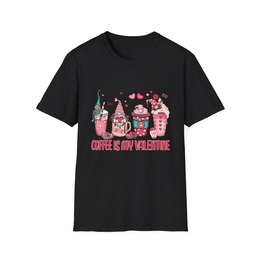 Adorable Coffee is My Valentine Gnomes T-Shirt | Whimsical Hearts & Coffee Lover Tee | Funny Anti-Valentine Gift