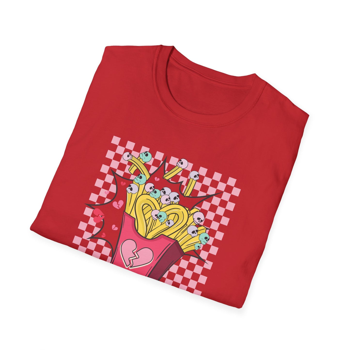 Edgy Skull Fries Broken Heart T-Shirt - Quirky Emo Love Statement Tee - Unique Alt Fashion Gift