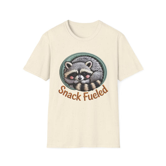 Adorable "Snack Fueled" Raccoon T-Shirt | Cozy Embroidered Look Tee | Ultimate Cute Animal & Snack Lover Gift!