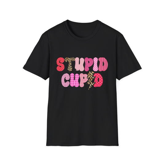 Edgy "Stupid Cupid" T-Shirt - Sarcastic Anti-Valentine's Day Tee with Retro Leopard & Glitter Patterns