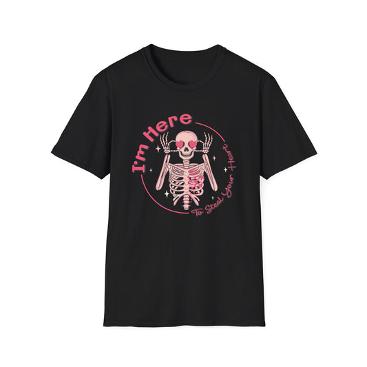 Charming Skeleton Love T-Shirt: "I'm Here To Steal Your Heart" Valentine's Day Graphic Tee – Unique Romantic Gift