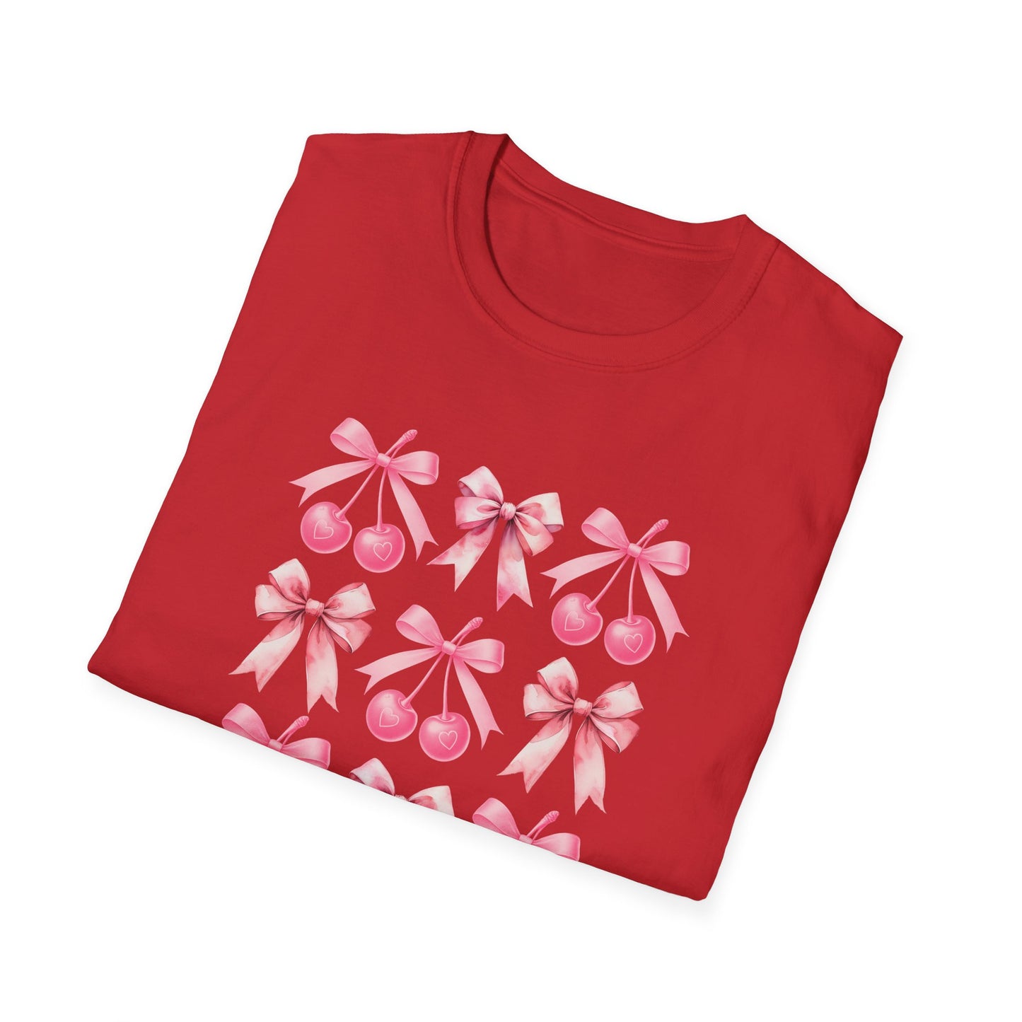 Chic Pink Bow & Cherry Heart T-Shirt | Adorable Coquette Aesthetic Tee | Sweet Girly Fashion Top for Women & Teens