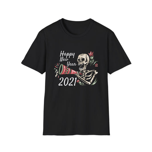 Vibrant Party Skeleton T-Shirt - Fun Quirky Floral Horn Blasting Graphic Tee
