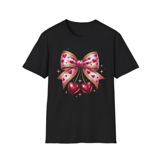 Chic Coquette Cherry Hearts Bow T-Shirt | Adorable Pink Romantic Aesthetic Tee | Sweet Valentine's Day Gift for Her