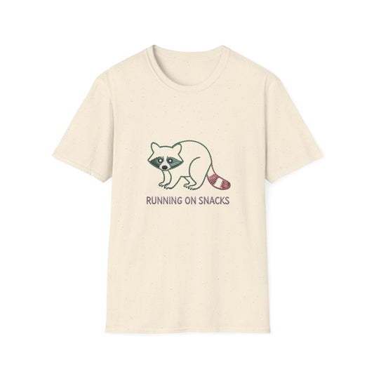 Hilarious Raccoon Running On Snacks T-Shirt | Unique Embroidered Style Animal Lover Tee | Funny Foodie Gift
