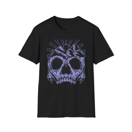 Bold Mountain Skull T-Shirt | Mystic Sun Rays & Nature Art | Unique Grunge Alternative Tee | Edgy Outdoor Apparel for Men & Women