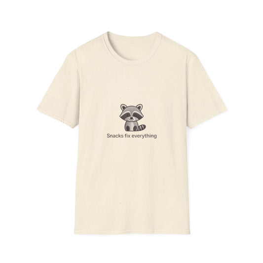 Adorable Raccoon 'Snacks Fix Everything' T-Shirt | Cute Embroidered Animal Tee for Foodies & Comfort Lovers