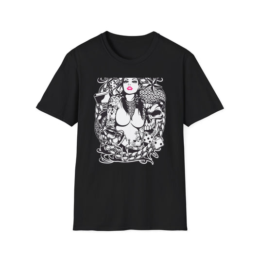 Bold Tattoo Girl & Skull Graphic T-Shirt | Edgy Urban Streetwear | Dice & Star Statement Tee - Unleash Your Rebel Style!