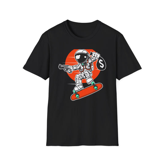 Epic Astronaut Skater T-Shirt: Cosmic Rebel with Cash & Gun | Unique Streetwear Space Outlaw Graphic Tee