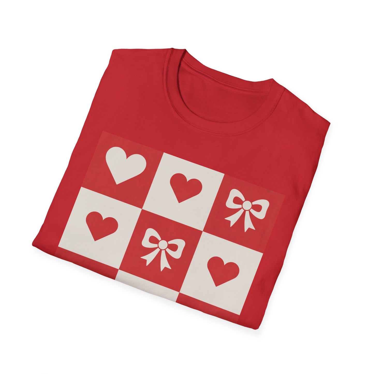 Charming Hearts & Bows Checkerboard T-Shirt | Sweet Love Pattern Tee | Perfect Valentine's Day Gift for Her