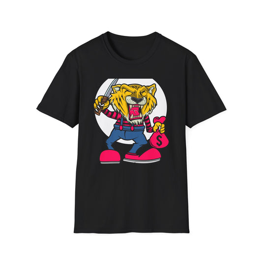Fierce Tiger Hustler T-Shirt: Bold Roaring Gangster Streetwear Graphic Tee with Knife & Money Bag