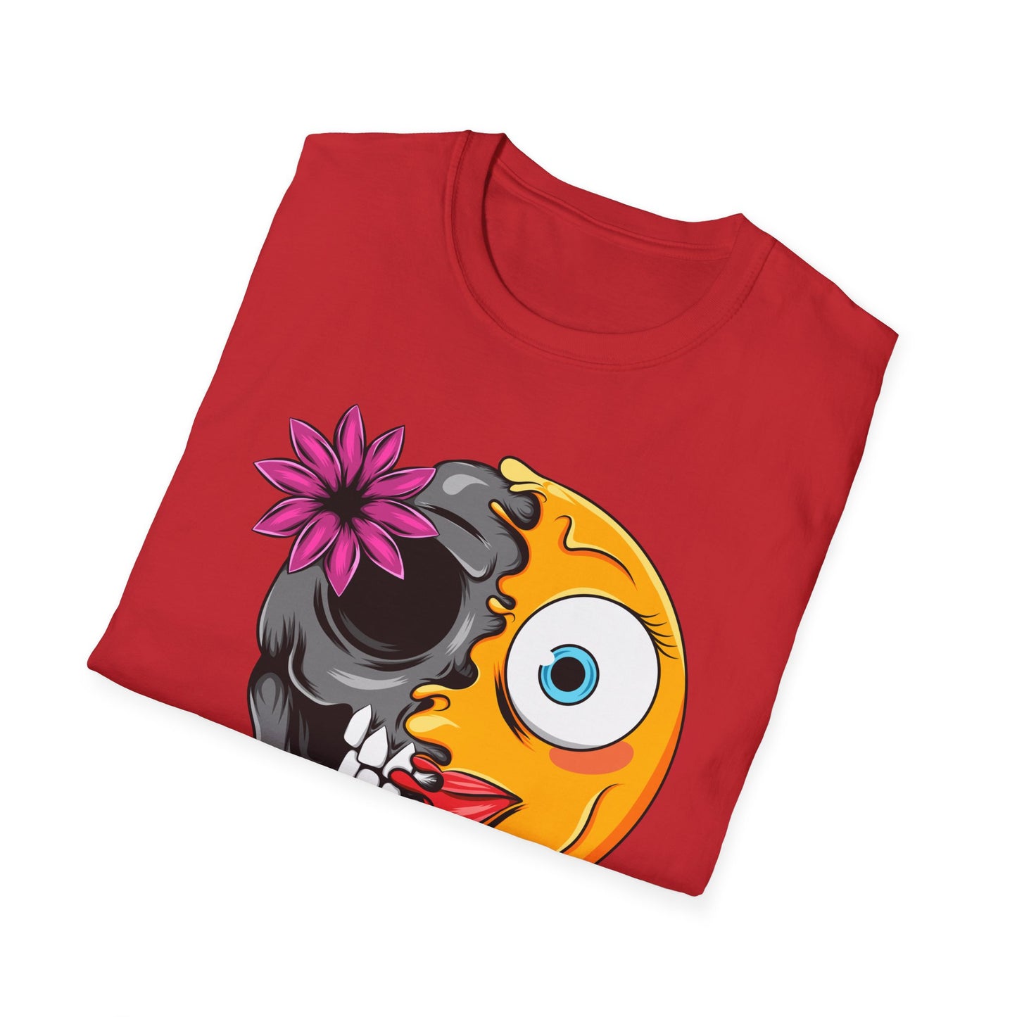 Striking Melting Emoji Skull T-Shirt – Unique Duality Graphic Tee for Edgy, Alternative & Goth Styles