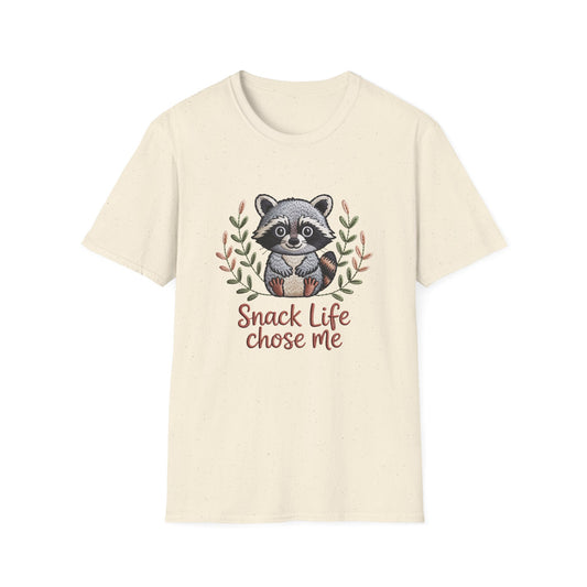 Adorable Embroidered Style Raccoon "Snack Life Chose Me" T-Shirt | Funny Animal Lover Tee | Unique Gift for Snackers!