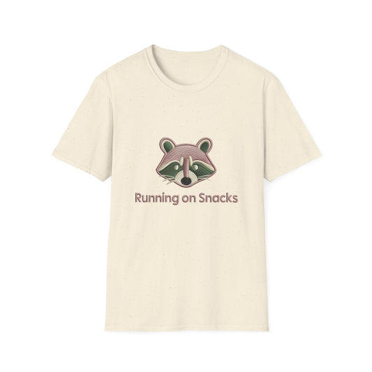 Adorable Raccoon 'Running on Snacks' Embroidered T-Shirt | Funny Animal Lover Foodie Tee | Premium Comfort Gift