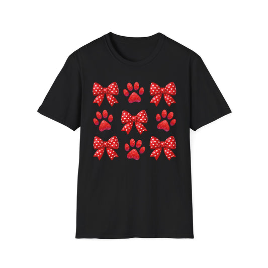 Charming Pet Love T-Shirt: Red Heart Bows & Glitter Paw Prints | Valentine's Day Animal Lover Tee