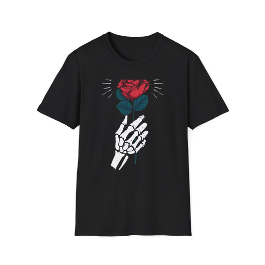 Striking Skeleton Hand Holding Rose T-Shirt | Unique Gothic Love Tee | Captivating Alt Fashion Top for Edgy Style