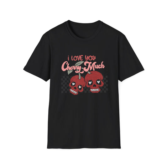 I Love You Cherry Much T-Shirt | Sweet Skull Cherries & Retro Checkerboard Tee | Unique Valentine's Love Pun Top for Couples