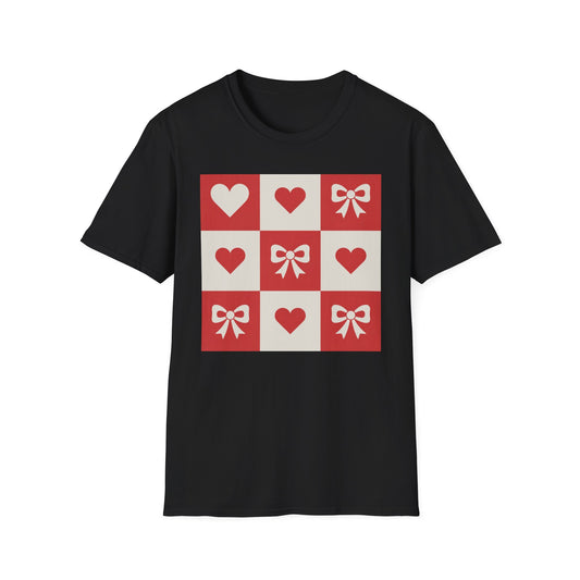 Adorable Hearts & Bows Checkerboard T-Shirt - Sweet Love & Holiday Graphic Tee for Valentine's, Christmas & Gifting