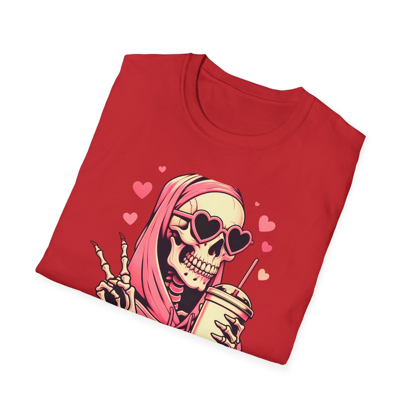Trendy Pink Skeleton T-Shirt: Chill Vibes, Heart Sunglasses & Peace Sign Tee – Spooky Cute Aesthetic for Women & Teens
