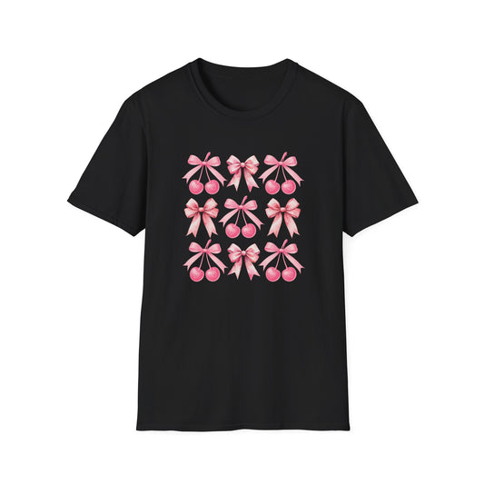 Chic Pink Bow & Cherry Heart T-Shirt | Adorable Coquette Aesthetic Tee | Sweet Girly Fashion Top for Women & Teens
