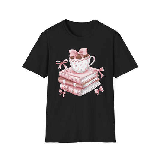 Cozy Pink Books & Teacup T-Shirt | Aesthetic Book Lover Gift | Delightful Reader Style Top