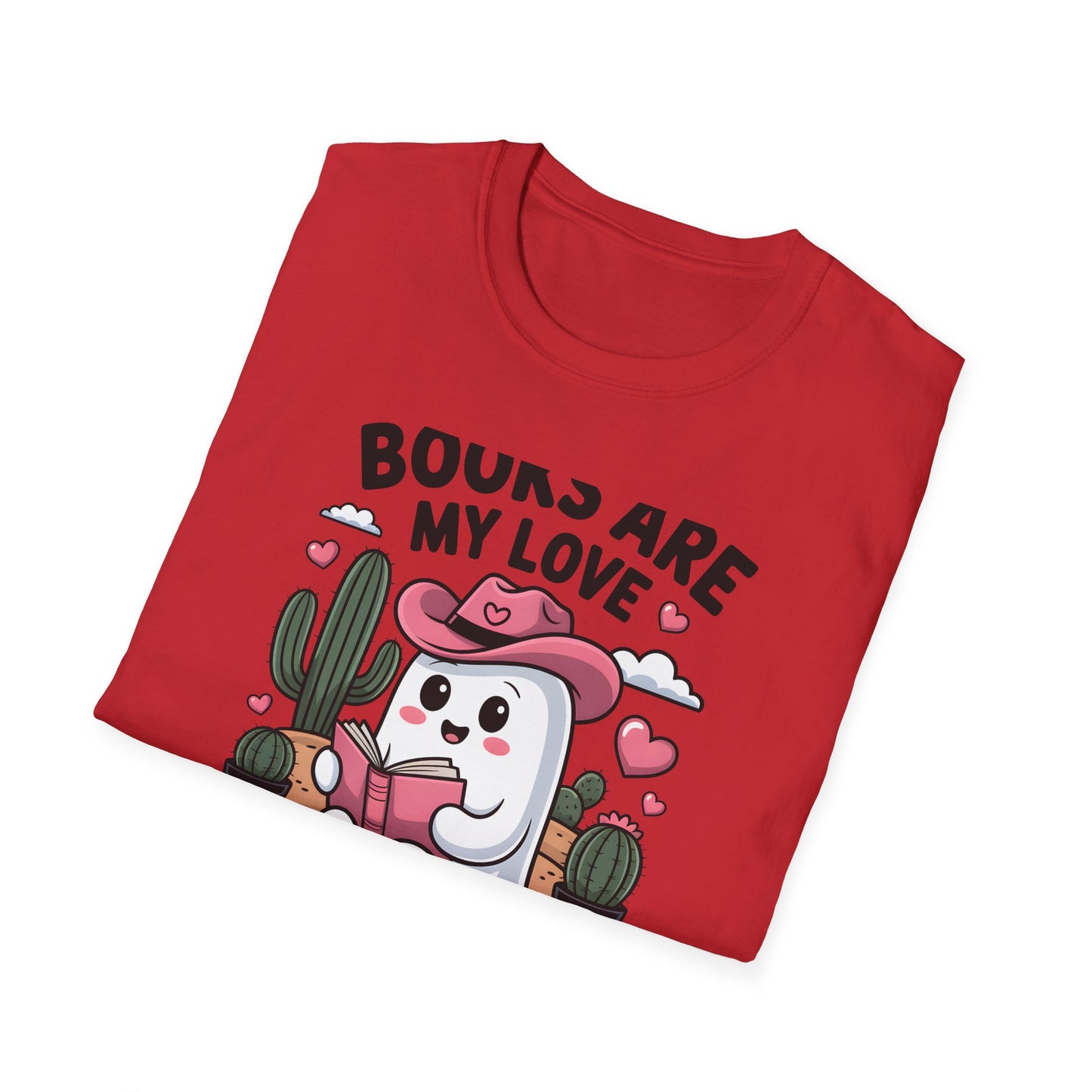 Adorable Reading Ghost T-Shirt | “Books Are My Love Language” Pink Cowboy Ghost Tee | Unique Book Lover Gift