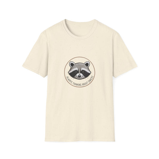 Adorable Raccoon Snack Lover T-Shirt | 'Always Thinking About Snacks' Funny Animal Graphic Tee - Comfy & Unique Gift