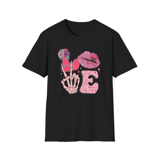 Edgy Pink Grunge T-Shirt: Skull Kiss, Peace Skeleton Hand, Roses & Heart Initial 'E' Design. Trendy Alt Fashion Tee.