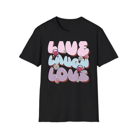 Vibrant Retro Live Laugh Love T-Shirt | Groovy Hearts & Smiley Faces Tee for Positive Vibes