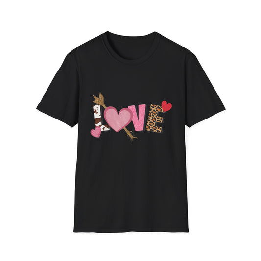Chic LOVE T-Shirt with Sparkling Glitter Hearts & Bold Animal Print | Trendy Valentine's Day & Everyday Fashion Tee for Her