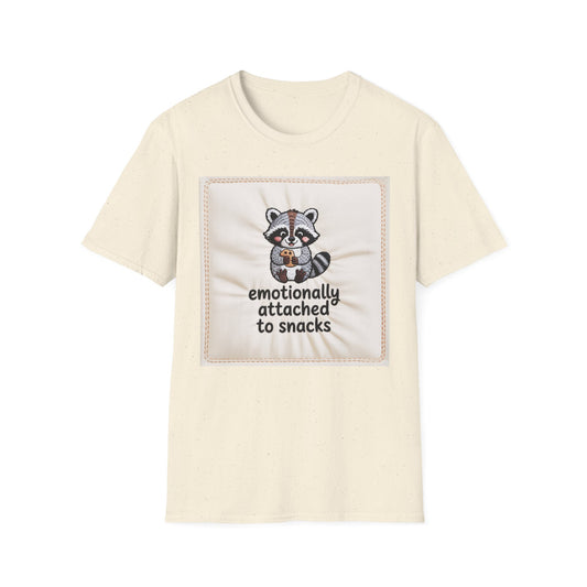 Adorable Raccoon Emotionally Attached to Snacks T-Shirt | Funny Foodie Tee for Ultimate Snack Lovers & Comfort Food Fans