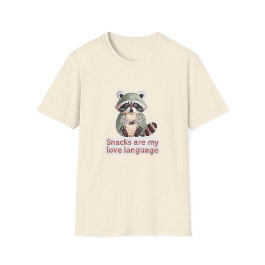 Adorable Raccoon "Snacks Are My Love Language" T-Shirt | Funny Foodie Tee | Unique Embroidered Style Gift