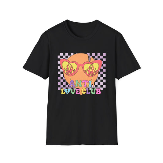 Unapologetic Anti Love Club T-Shirt | Edgy Broken Heart & Flame Sunglasses Tee | Retro Y2K Groovy Apparel