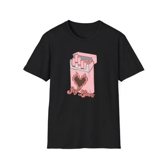 Unique Self Love T-Shirt | Pink Retro Cigarette Pack & Flaming Heart Design | Empowering Aesthetic Tee