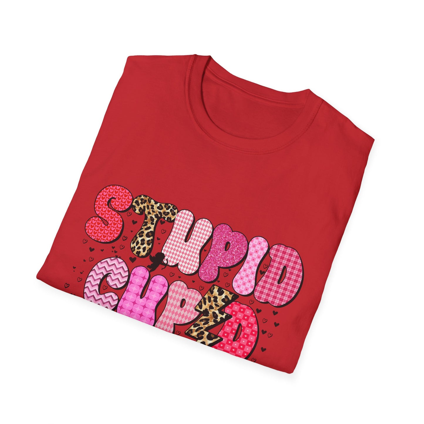 Edgy "Stupid Cupid" T-Shirt - Sarcastic Anti-Valentine's Day Tee with Retro Leopard & Glitter Patterns